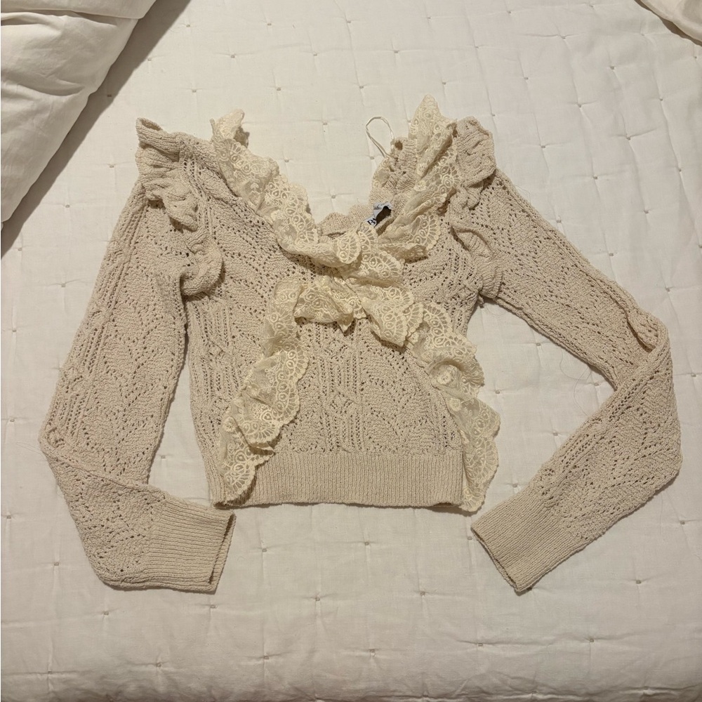 Zara Cream Lace V-Neck Sweater